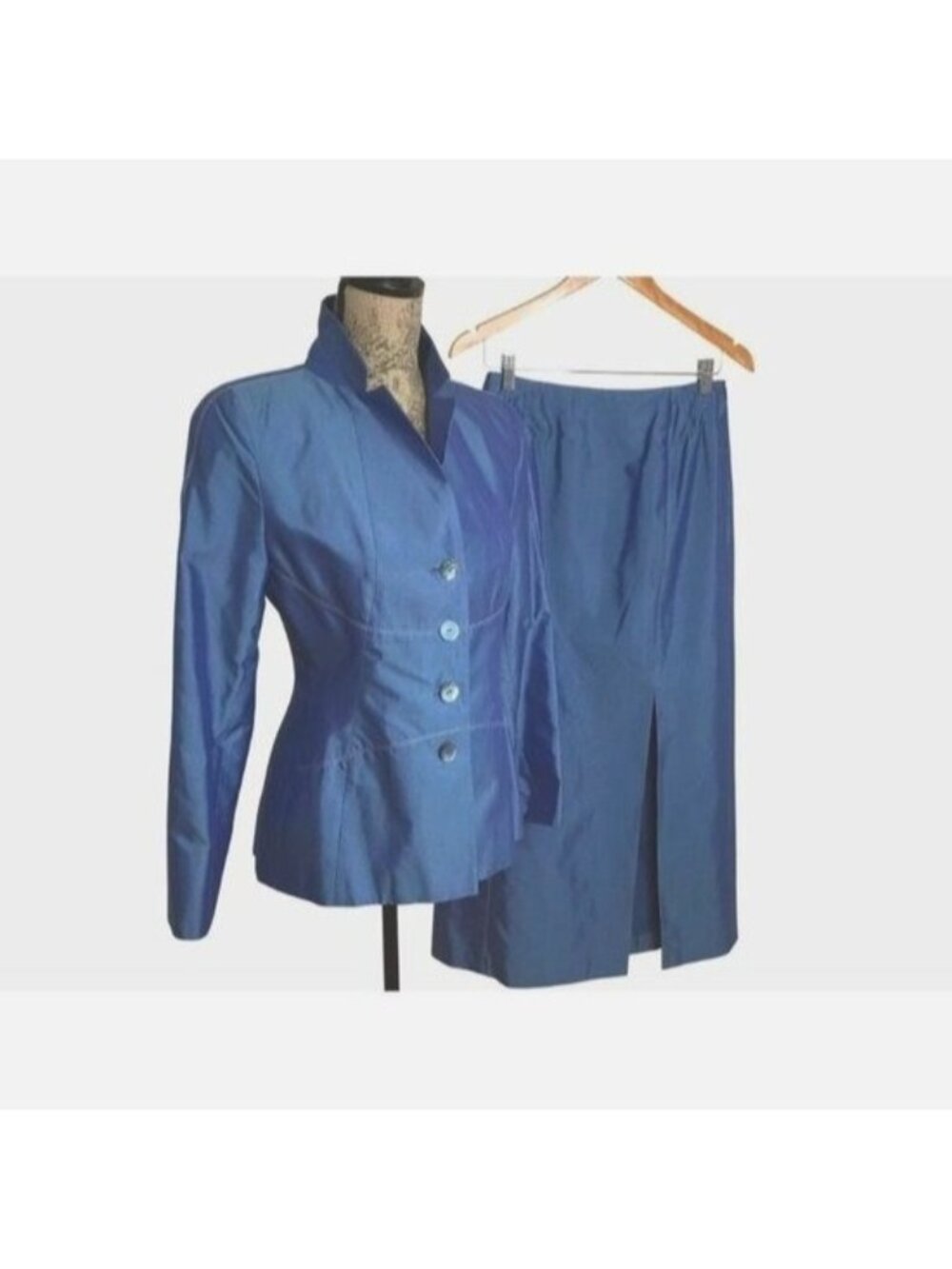 Vintage TRIXI SCHOBER Cobalt Blue Silk Blend Power Suit Skirt Set Germany S 8